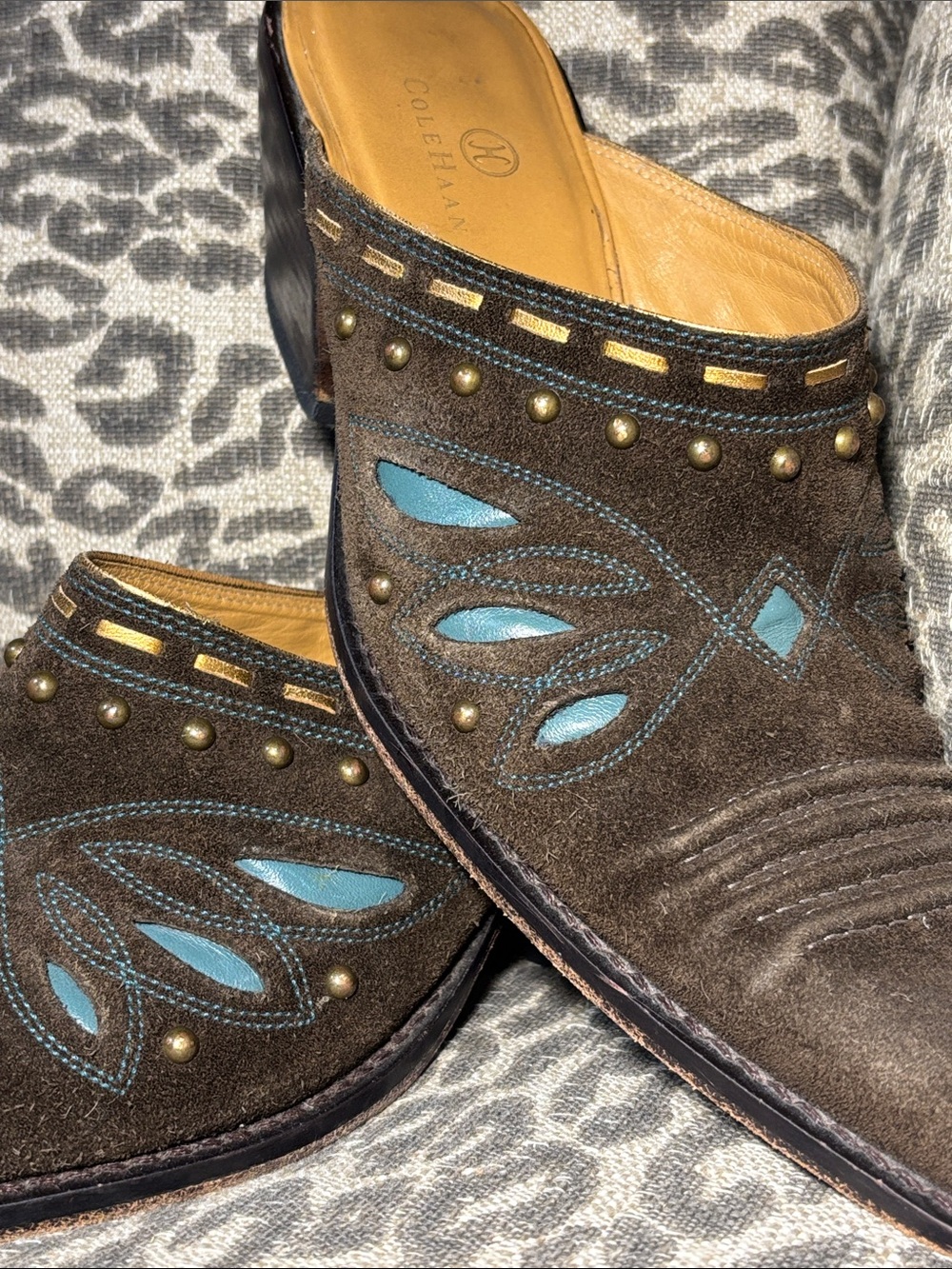 Cole Haan Brown Suede Mules with Teal Inset